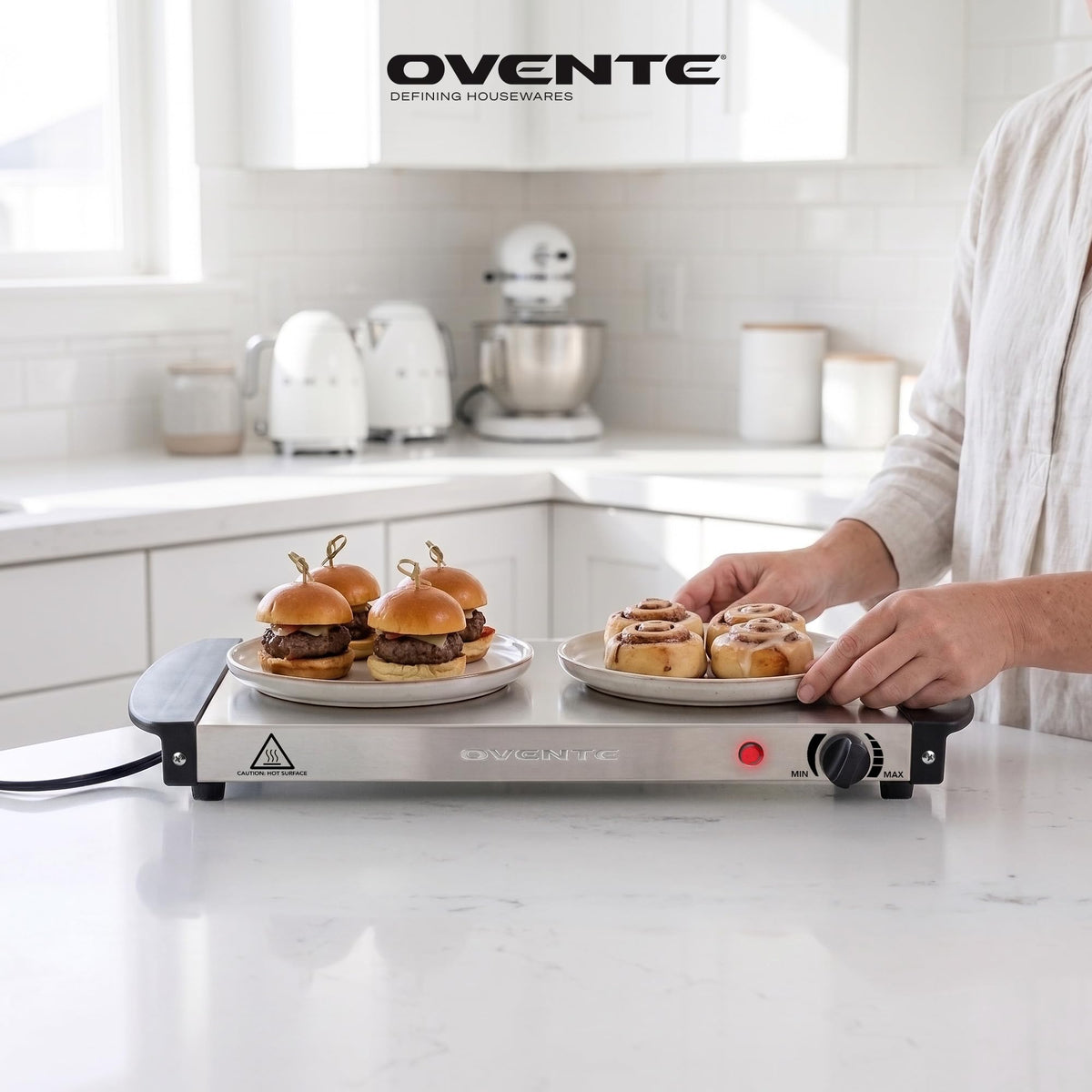 Ovente Electric Warming Tray, Adjustable Temperature Control, Silver
