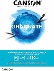 Canson Graduate Watercolour 250gsm A5 Paper, Cold Pressed, Pad Glued Short Side, 20 Natural White Sheets, Ideal for Student Artists