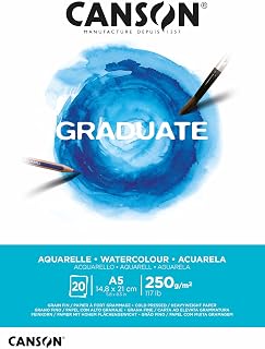 Canson Graduate Watercolour 250gsm A5 Paper, Cold Pressed, Pad Glued Short Side, 20 Natural White Sheets, Ideal for Student Artists