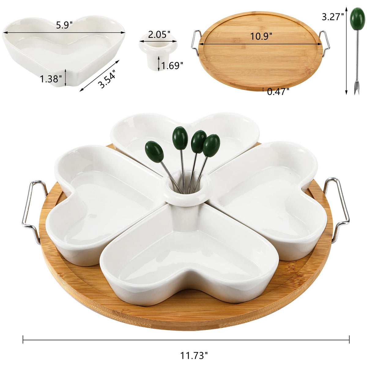 ZEAYEA Ceramic Divided Serving Tray with Picks, 11 Inch, White