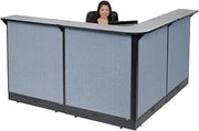 Global Industrial 80"W x 80"D x 46"H L-Shaped Electric Reception Station, Gray Counter/Blue Panel