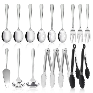 Kzovone Serving Utensils Set, Stainless Steel, 17 Pieces, Silver