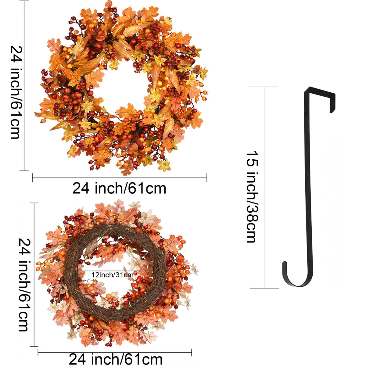 BHHDA Autumn Wreath, 24 Inch Berry Maple Leaf, Fall Decor