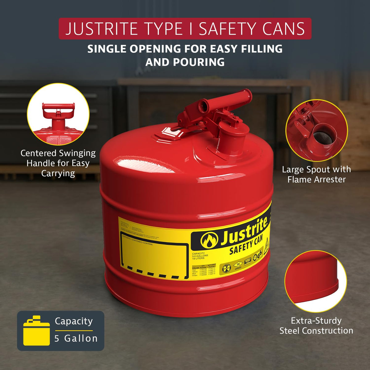 Justrite Red / 5 Gallon / Type I Cans