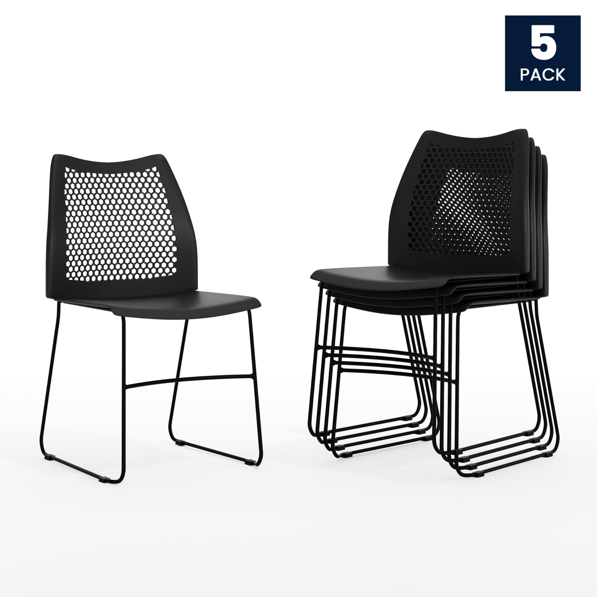 Hercules Series Contoured Lobby Chairs with Air-Vent Honeycomb Backs by Flash Furniture – Set of 5, Plastic Steel, Black, Pack of 5, Model 5-RUT-498A-BLACK-GG