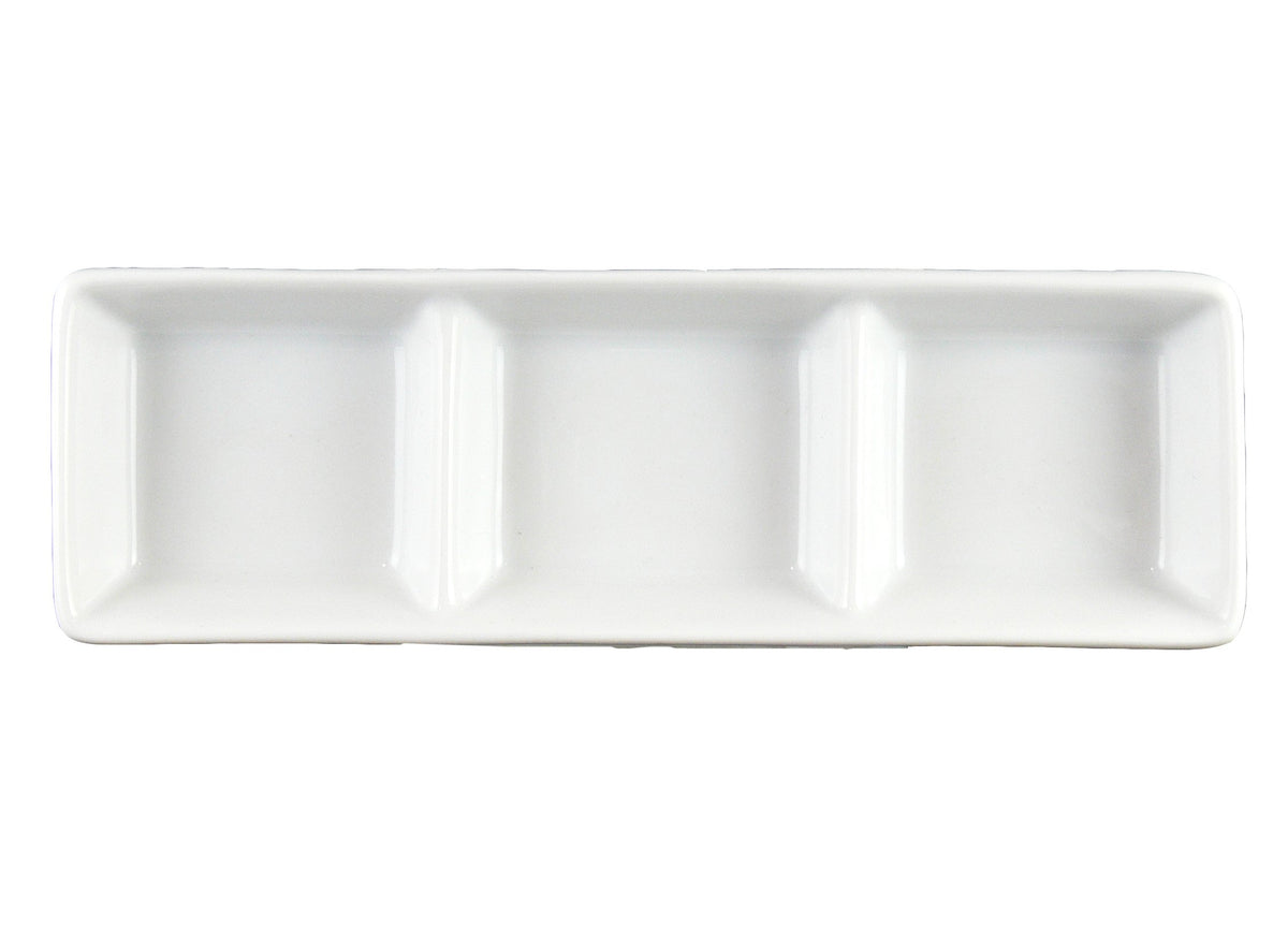 Signature Tri Sauce Dish (1-1/2 oz. per Well) by Vertex China – Large, Porcelain, Porcelain White, Pack of 36, Model ARG-D3