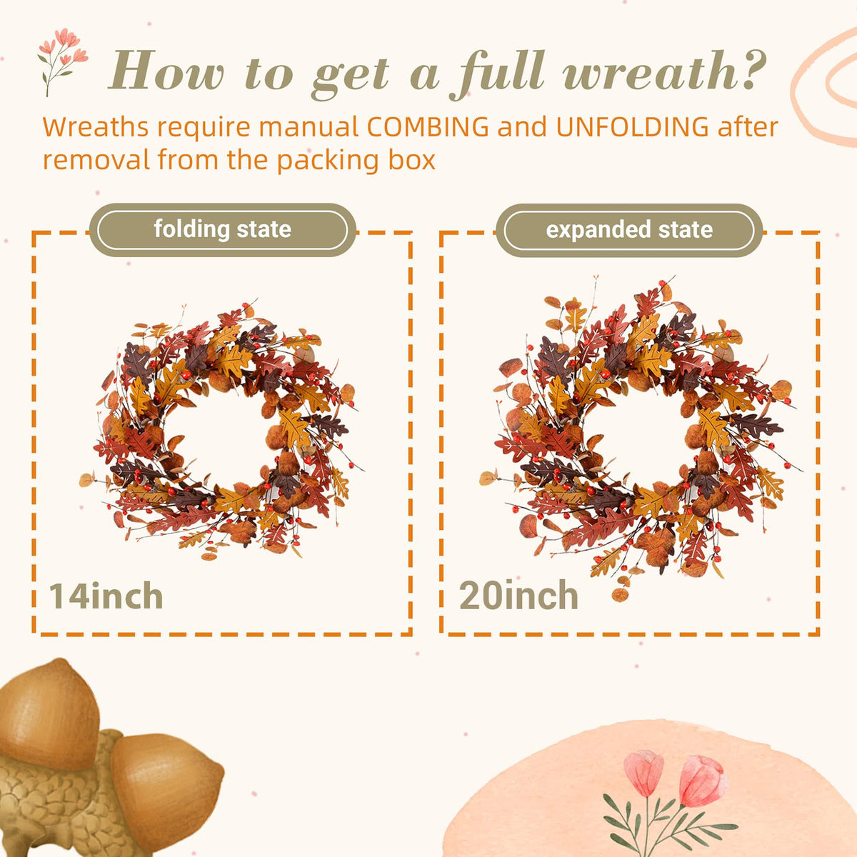 YNYLCHMX Fall Wreath, 20 Inch Diameter, Pinecones Artificial Wreath
