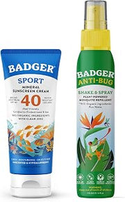 Badger Mineral Sunscreen & Bug Spray Combo - SPF 40 Reef Safe Sport Sunscreen w/Zinc Oxide & DEET-Free Natural Insect Repellent