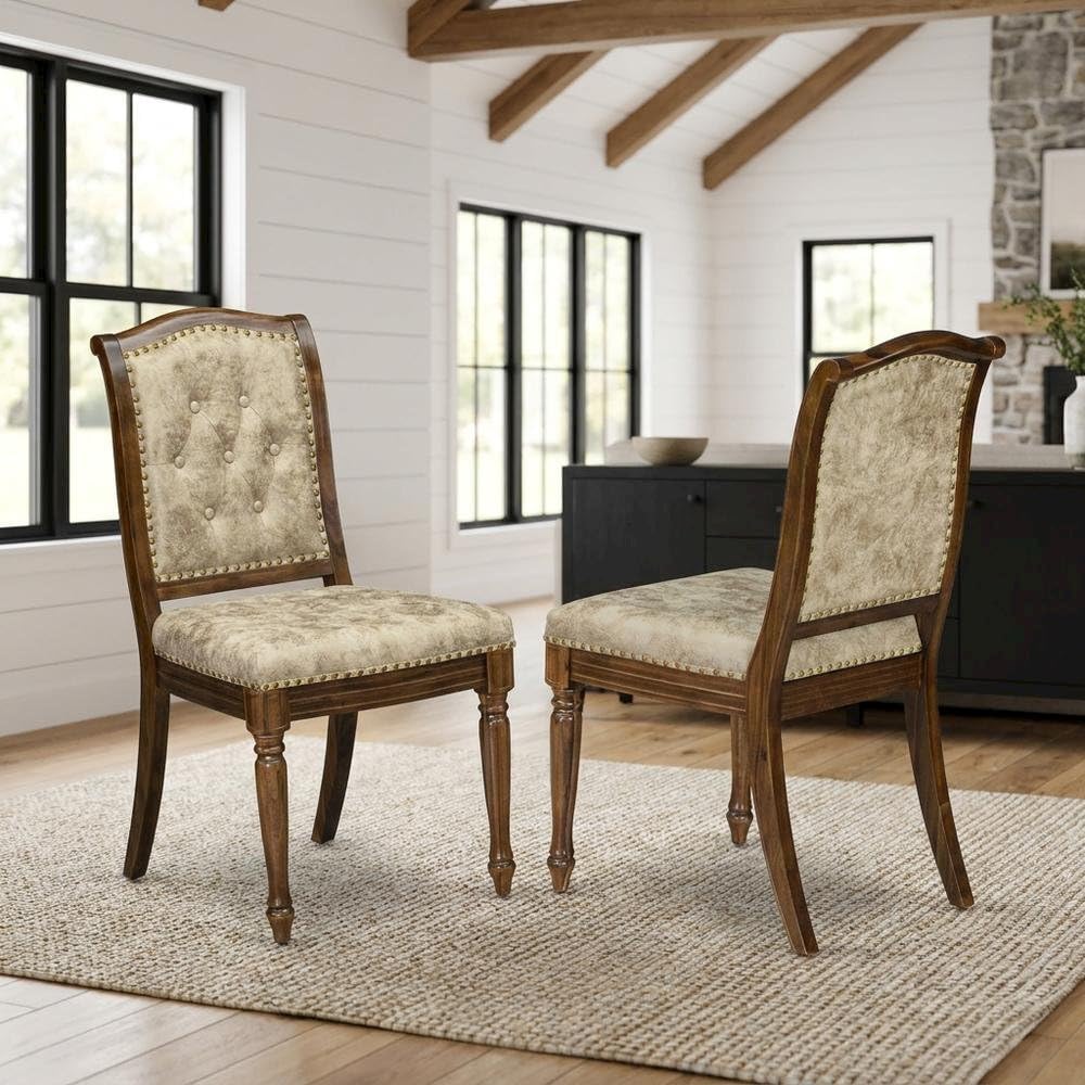Solid Wood Polyester-Upholstered Dining Chairs Set of by Furnifact – Wood, Brown/Beige, Pack of 2
