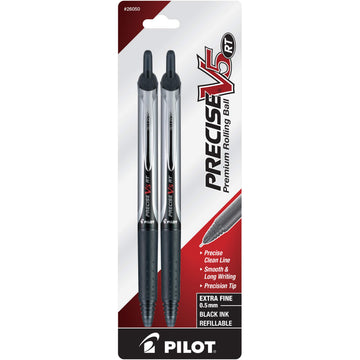 Precise V5 RT Retractable Rollerball Pens by PILOT – 2 Count (Pack of 1), Rubber, Black, Model 26050