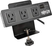 TRIPP LITE 3 Outlet Surge Protector Power Strip with Desk Clamp, 10ft. Cord, 510 Joules, 2 USB Charging Ports, Black, $20K Insurance & Lifetime Manufacturer's Guarantee (TLP310USBC)