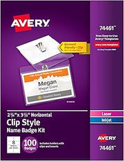 Avery Customizable Name Badges, Clip Style, 2.25" x 3.5", Clear Name Tag Holders, White Laser/Inkjet Printable Inserts, 100 per Pack, 500 Total (5 Packs of 74461)