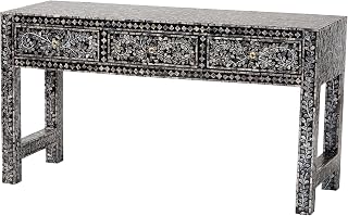Elara Coastal Black and White Mother of Pearl Capiz Shell 3-Drawer Console Table