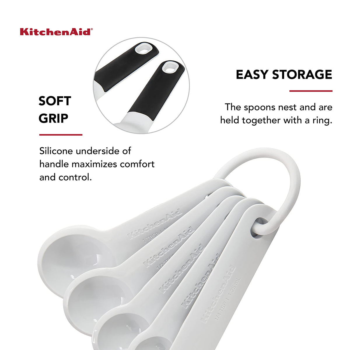 Plastic Measuring Spoons by KitchenAid – Set Of 5, 0.25 ounces, Plastic, White, Model KQ057OHWHA