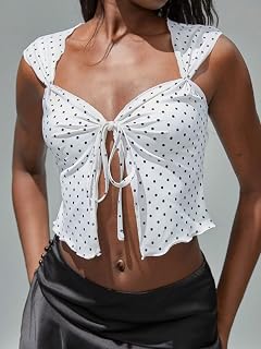 Women's Y2k Polka Dots Tank Crop Top Tie Front Split Sleeveless Going Out Tops