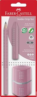 Faber-Castell Jumbo Grip 580082 Pencil Set with Pencil, Eraser and Triple Sharpener Rose Shadows on Blister Card