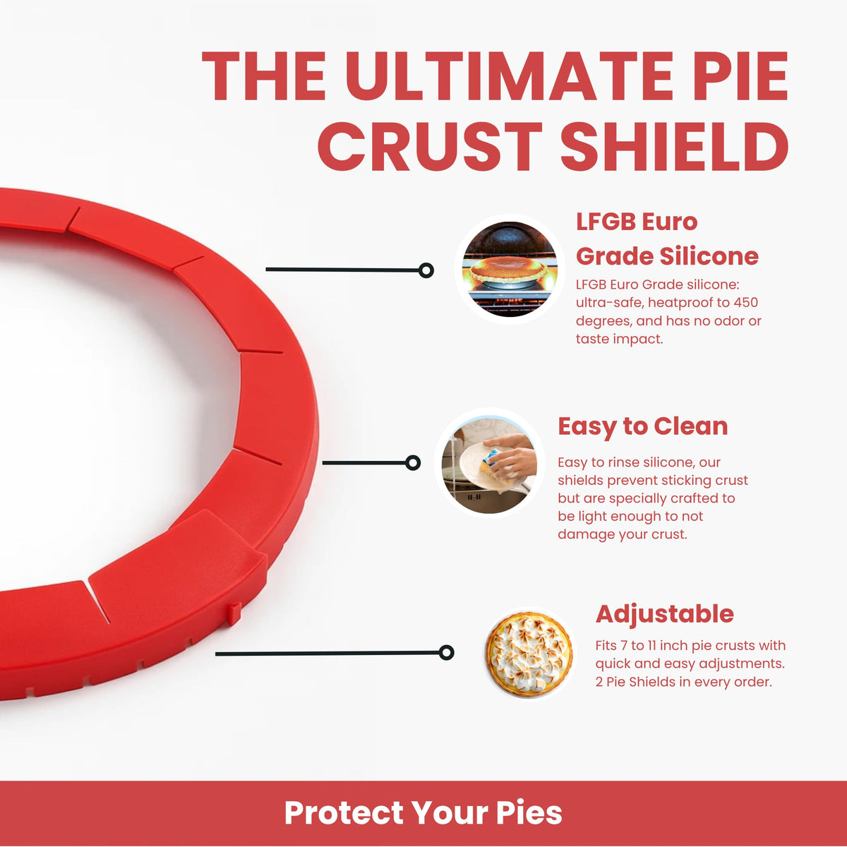 BakeBarn Pie Crust Shield, Adjustable 7-11 Inch, Red 2 Pack