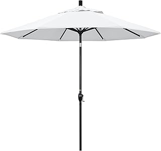 California Umbrella 9' Round Aluminum Market Umbrella, Crank Lift, Push Button Tilt, Black Pole, White Olefin