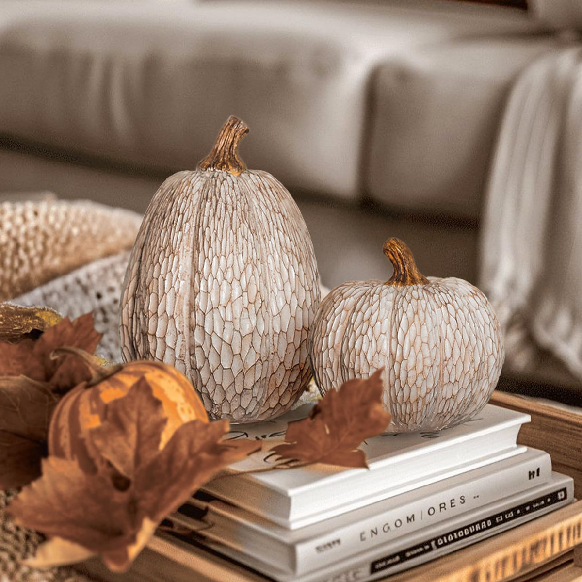 DN Deconation Resin Pumpkin Decor, Geometric Faceted Set of 2, Brown