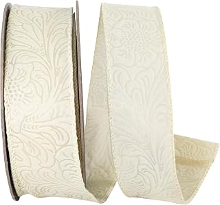 Reliant Ribbon Ribbon - Leaf Scroll Embossed Wired Edge, Ivory, 1-1/2 Inch, 10 Yards