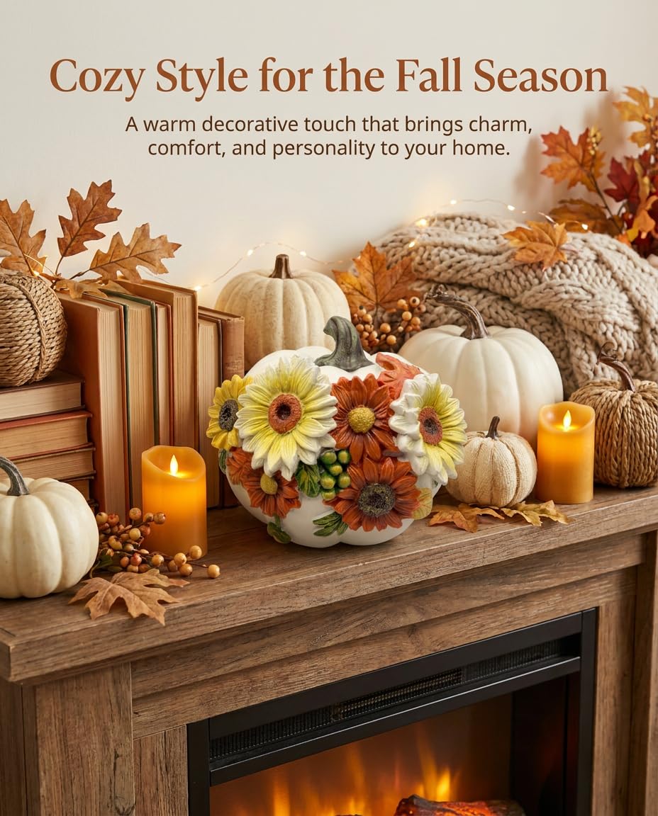 iStatue Floral Pumpkin Figurine, Hand Painted Resin, Small