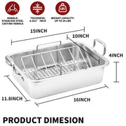 QPMR Roasting Pan with V Rack and Cooling Rack, Stainless Steel, 15 Inch, Silver