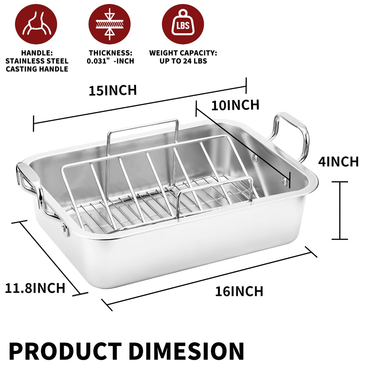 QPMR Roasting Pan with V Rack and Cooling Rack, Stainless Steel, 15 Inch, Silver