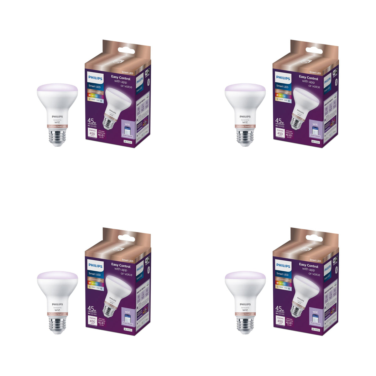 Smart Wi-Fi Connected LED 45-Watt R20 Light Bulb 4-Pack by PHILIPS – Plastic, Multicolor + Tunable White, Pack of 4, Model 567123