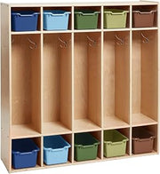 ECR4Kids Streamline 5-Section Coat Locker With 10 Scoop Front Bins For Kids Classroom Bedroom School Organization Furniture In Earthtone Color