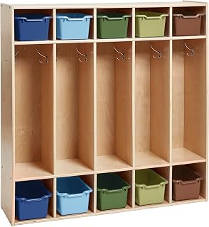 ECR4Kids Streamline 5-Section Coat Locker With 10 Scoop Front Bins For Kids Classroom Bedroom School Organization Furniture In Earthtone Color