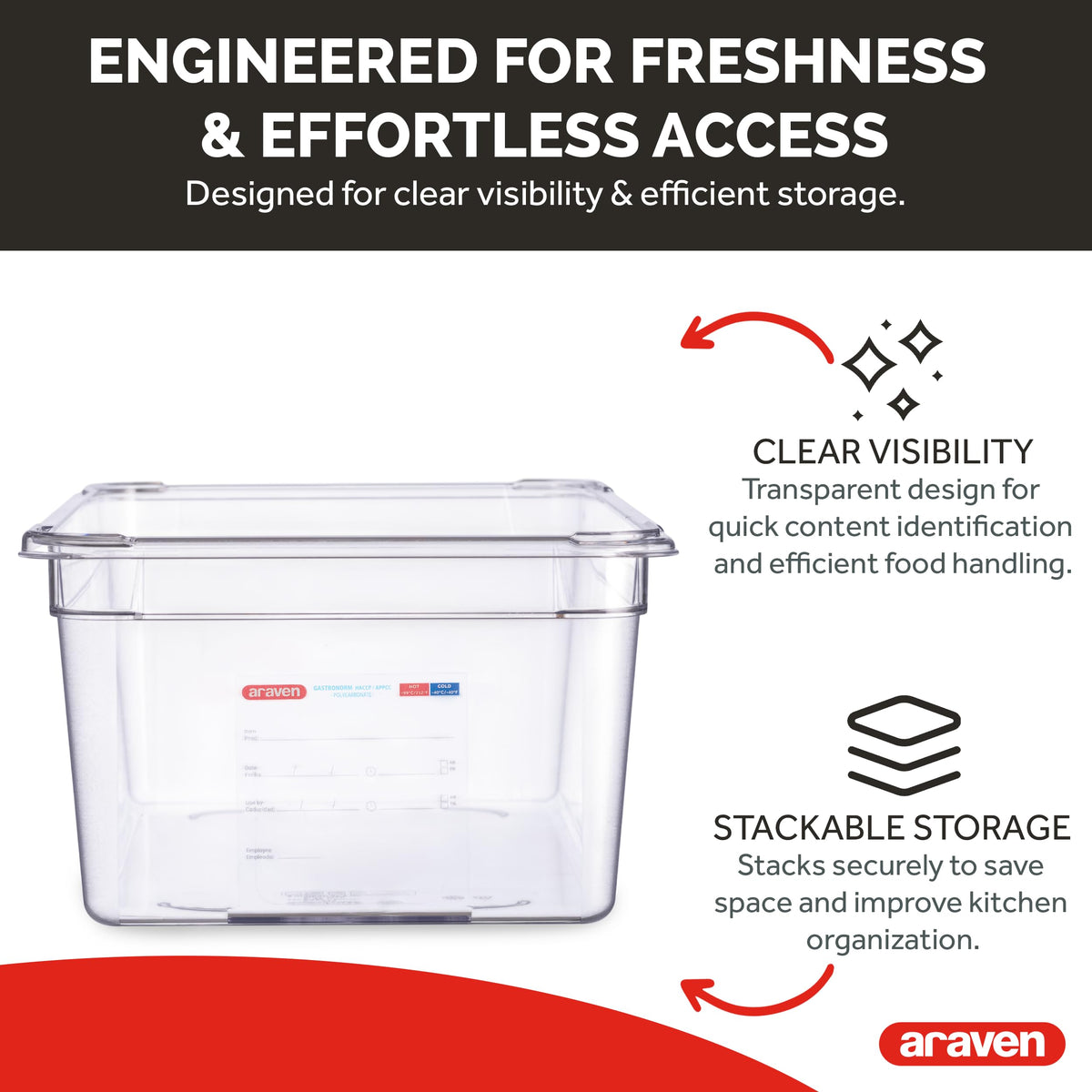 Polycarbonate Food Pan by Araven – 2.5 cubic_feet, Polycarbonate (PC), Clear, Pack of 6, Model 09845
