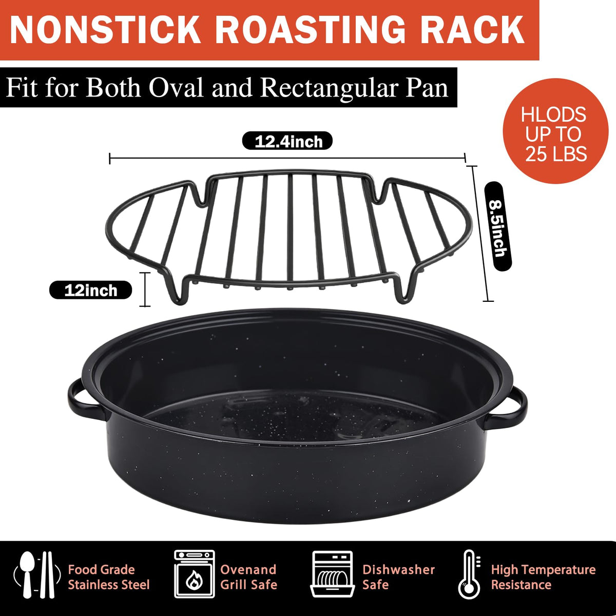 Gestone Roasting Rack, Nonstick Stainless Steel, Oval 12.4 x 8.5 Inch Black