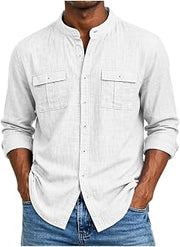 Mens Linen-Like Shirt Casual Stylish Long Sleeve Button Down Band Collar Dress Shirts for Beach Vacation with 2 Pockets