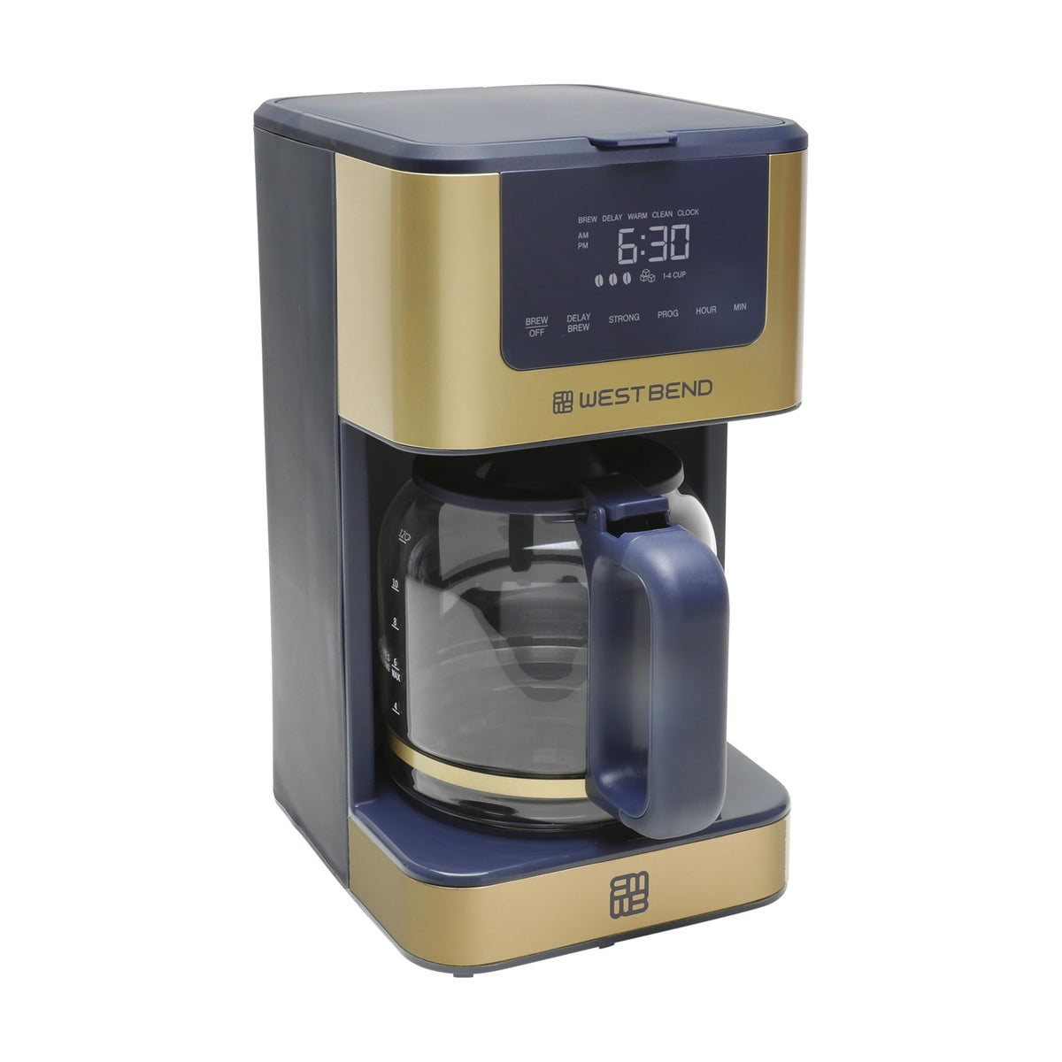 Timeless 12-Cup Programmable Coffee Maker with Brew Strength Selector for Hot and Iced Coffee by West Bend – 12 Cup, 12 cups, Blue/Gold, Model CMWB12SB13