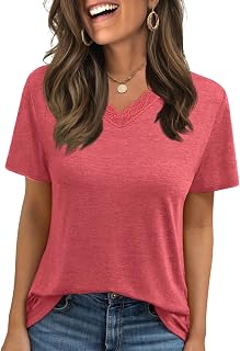 Womens Tops Short Sleeve T Shirts V Neck Lace Tops Basic Casual Trendy Tees