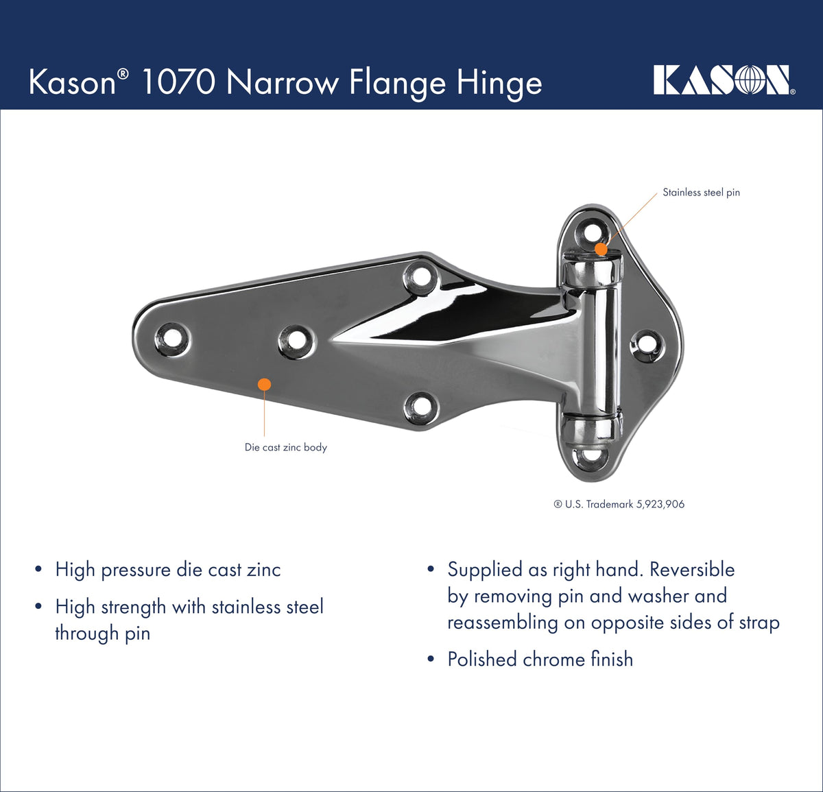 1070 Narrow Flange Hinge by Kason – 7/8", Stainless Steel, Silver, Model 11070000032