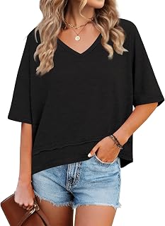 Womens Summer Tops Flowy V Neck Loose Fit T Shirts Trendy Cute Basic Tees