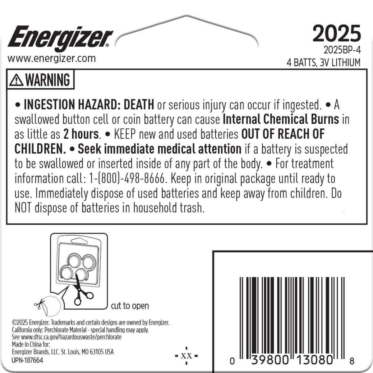 2025 Batteries (4 Pack) by Energizer – 4 Count (Pack of 1), Multicolor, Model E304254700