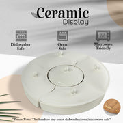 Oui Raquel Chip and Dip Serving Set, Rotating Lazy Susan, 5 Ceramic Bowls with Lids, White