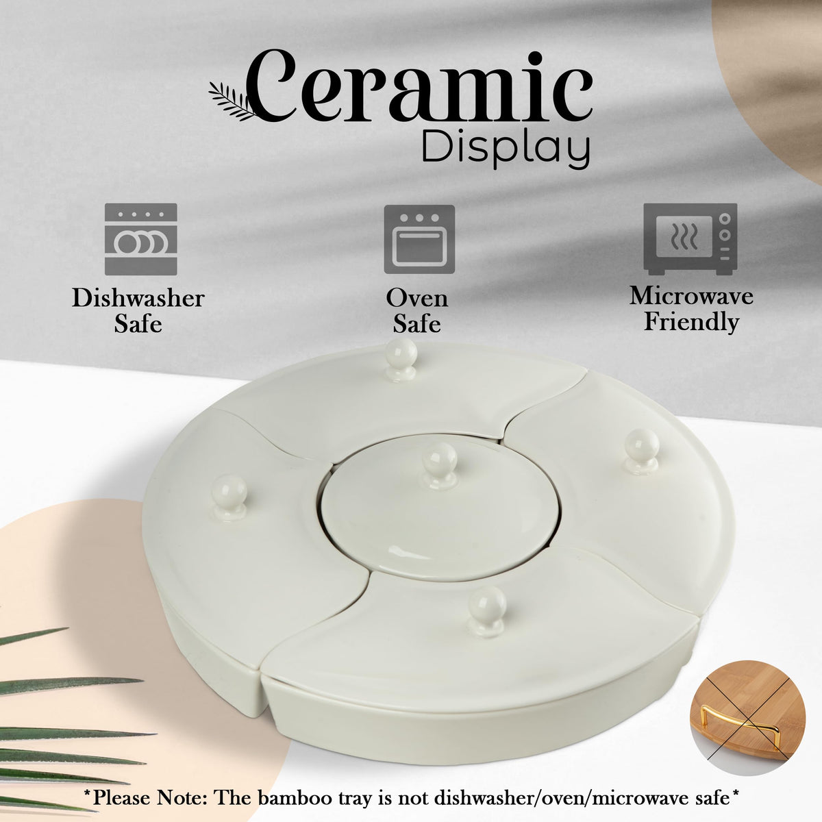 Oui Raquel Chip and Dip Serving Set, Rotating Lazy Susan, 5 Ceramic Bowls with Lids, White