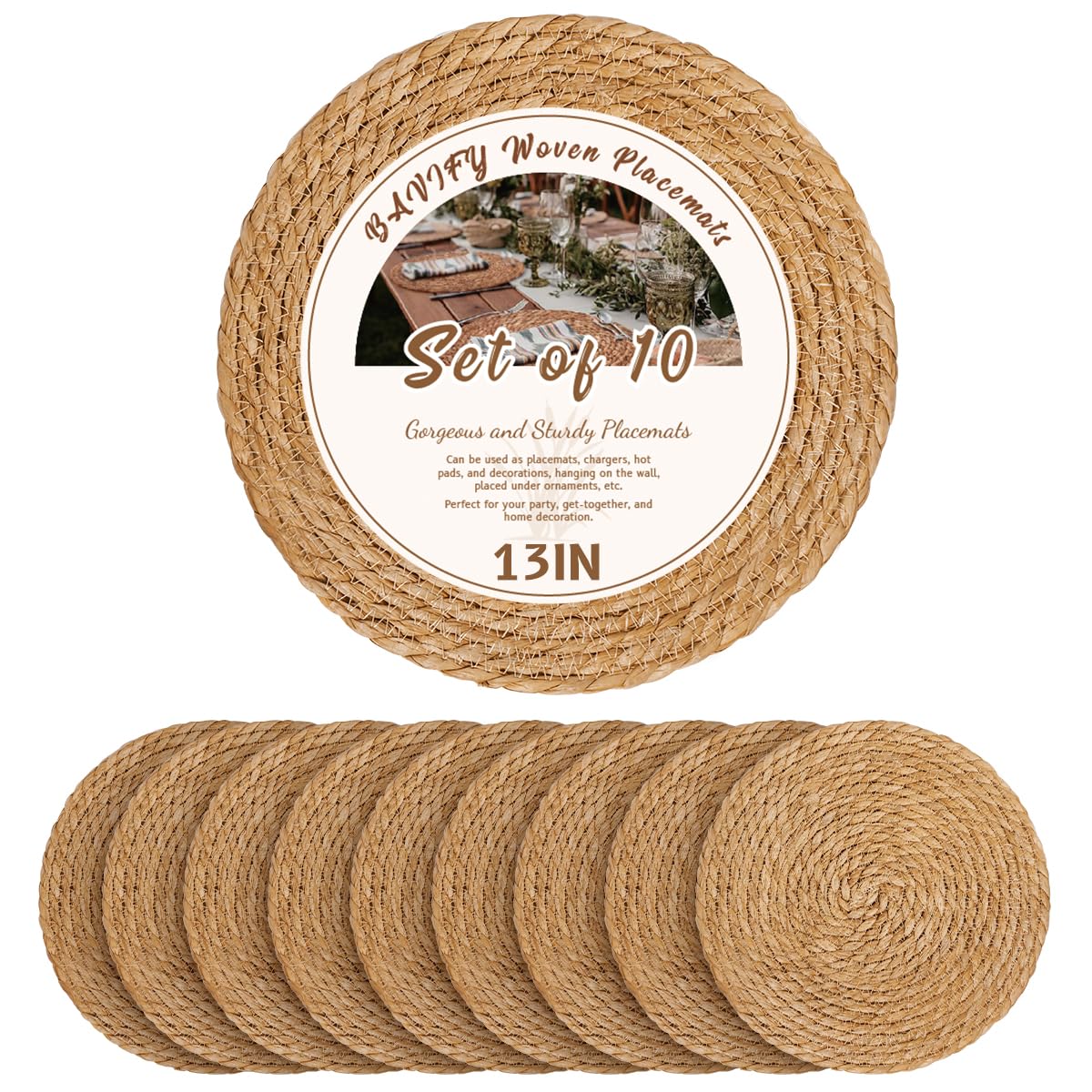 Bavify Round Woven Placemats, 13 Inch Diameter, Set of 10, Natural