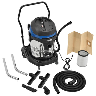 Wet Dry Vacuum by Global Industrial – 22"L x 21"W x 37"H, 16.0 gallons, Stainless Steel/Plastic, Stainless/Black/Blue, Model BJ141-1200-60
