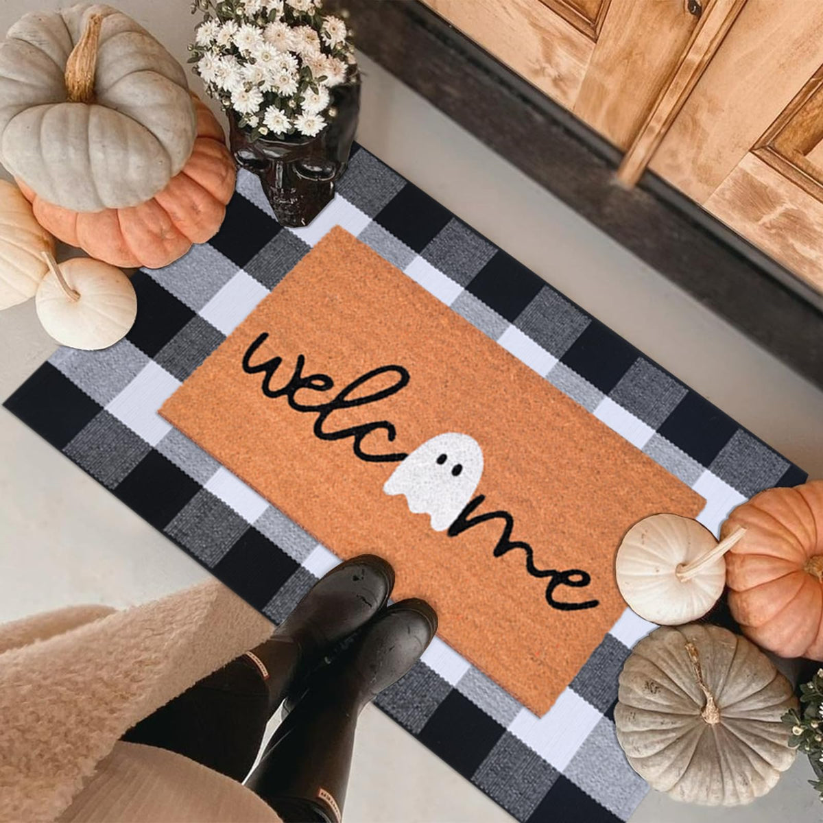 Fallovea Halloween Doormat Set, Coir Welcome Ghost Mat with Plaid Rug, Black and White
