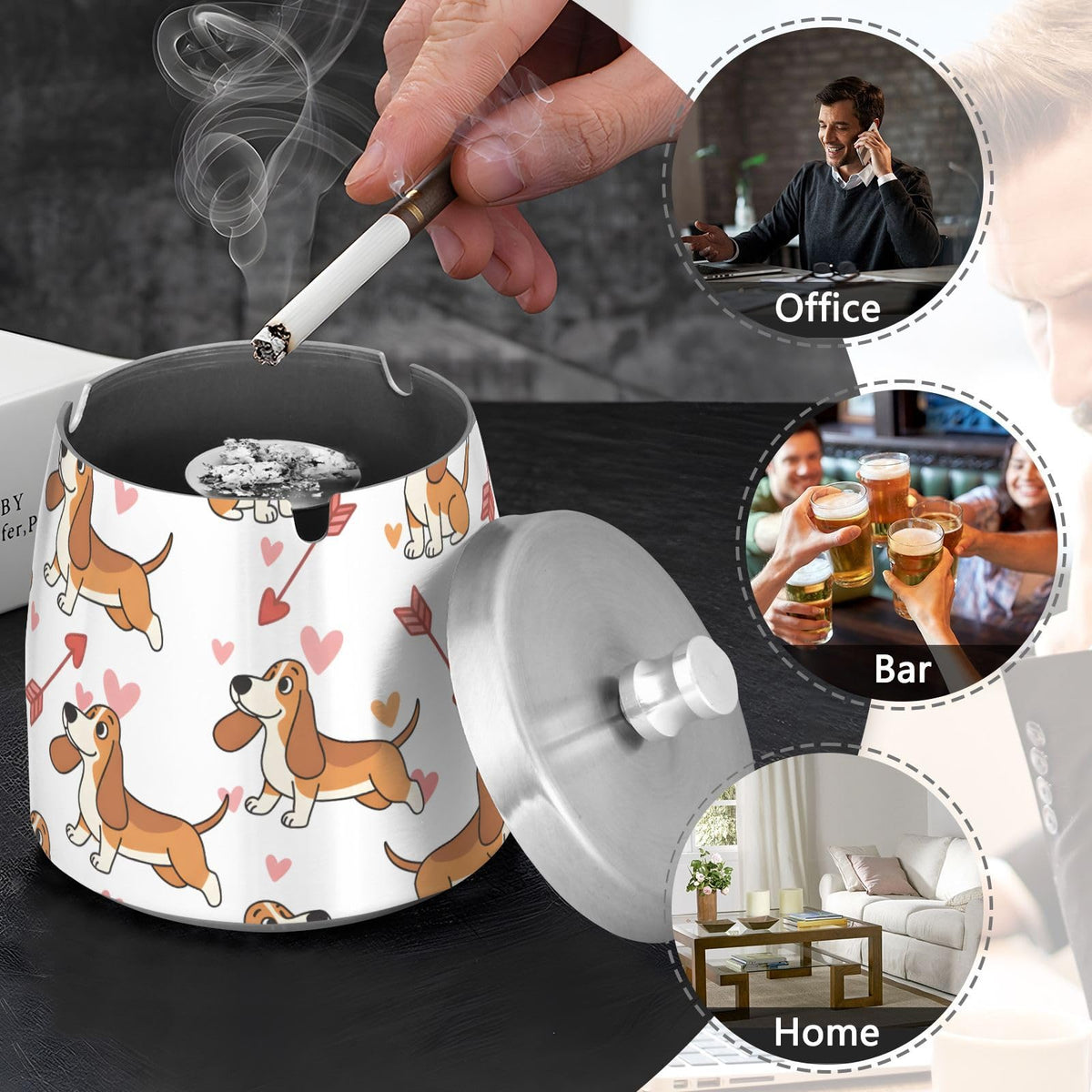 Heart Dog Pattern Splash Ashtray with Lid by ALAZA – Stainless Steel, C484, Model g541177090p1082c1149s2657