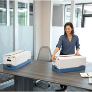 FEL00011 - Heavy-Duty Storage Boxes by Bankers Box – 12.25 x 24.13 x 10.75 inches, Corrugated Paper, White/Blue, Pack of 12