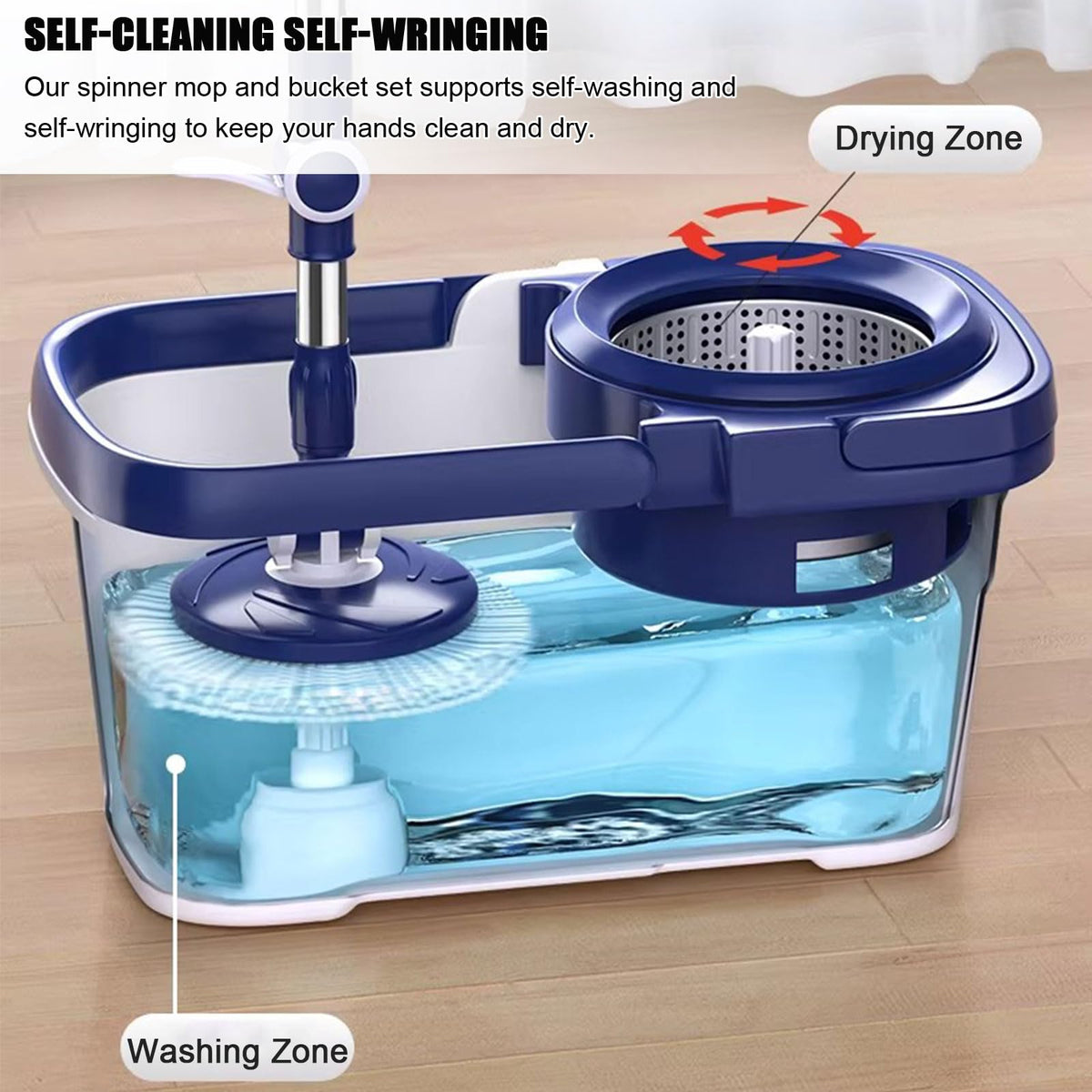 This Spin Mop Bucket with Wringer Set for Home - Mop Bucket System for Floor Cleaning - Detachable Splash Guard Spin Basket - Extendable Telescopic Handle - Extra 5PC Mop Heads by