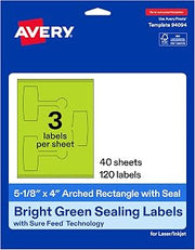 Avery Printable Sealing Labels, 5-1/8" x 4", Bright Green, Sure Feed Technology, Print-to-The-Edge Capability, Laser/Inkjet Printer Compatible, 120 Total