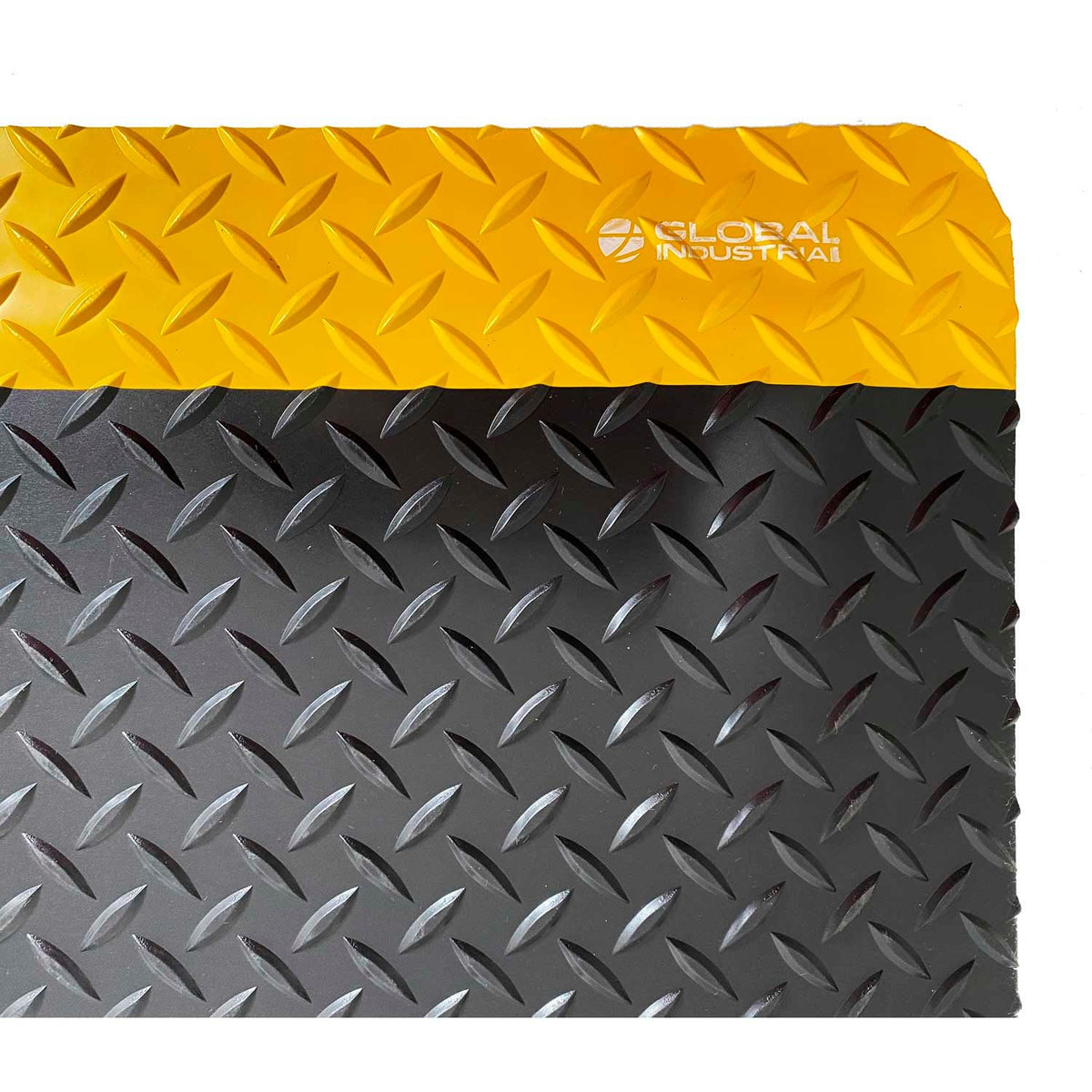 Global Industrial Diamond-Plate Anti Fatigue Mat – 9/16" Thick, 3'W x 16'L, Black/Yellow Border