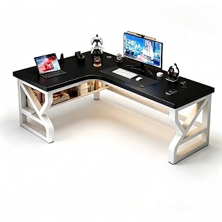 L Shaped Gaming Desk, 1" Thick Wood, USB & Cable entry hole, Home Office | Mesa gamer Reinforced beam, bottom Storage Shelf, Thickened white steel frame, corner computer table for Bedroom Study