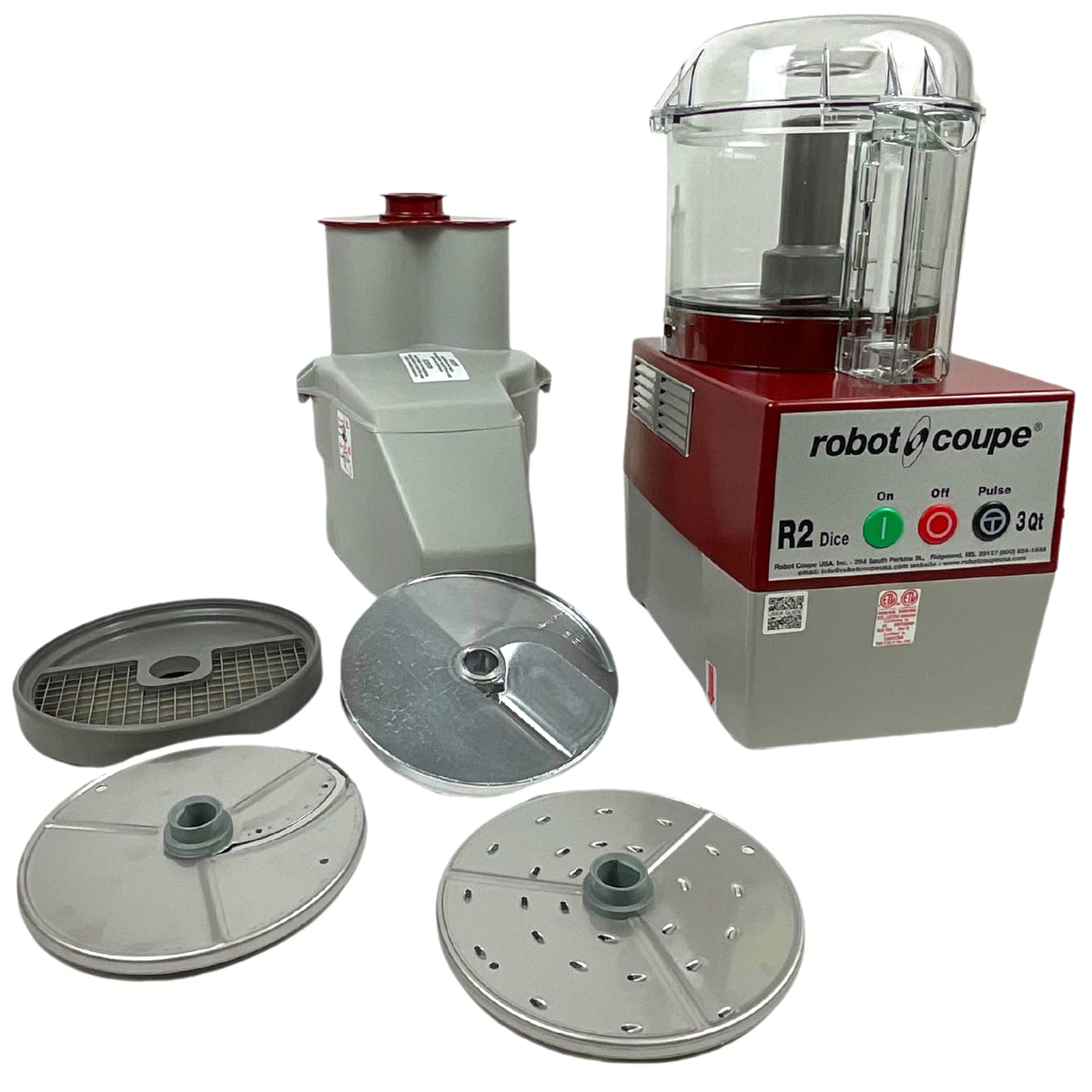 R2CLRDICE, Combination Food Processor with 3 Quart Clear Polycarbonate Bowl, 4 Stainless Discs, Pulse Control, 120v, 1725 RPM, Vegetable Chopper, Gray/Red, Commercial Kitchen Use